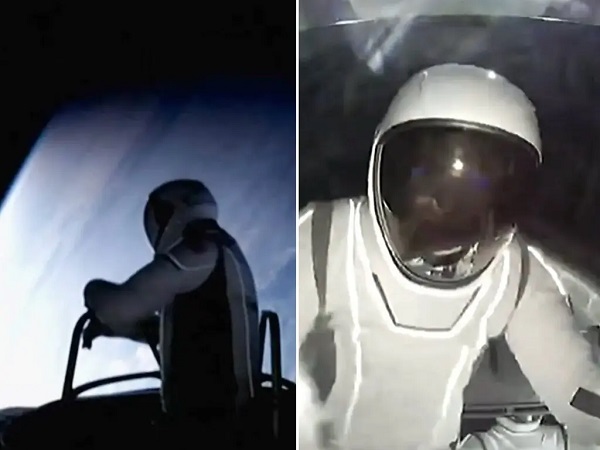 Jared Isaacman, left, began the first-ever private spacewalk on Thursday. Sarah Gillis, right, a SpaceX engineer, exited the capsule after Mr. Isaacman returned during the spacewalk.Credit...SpaceX